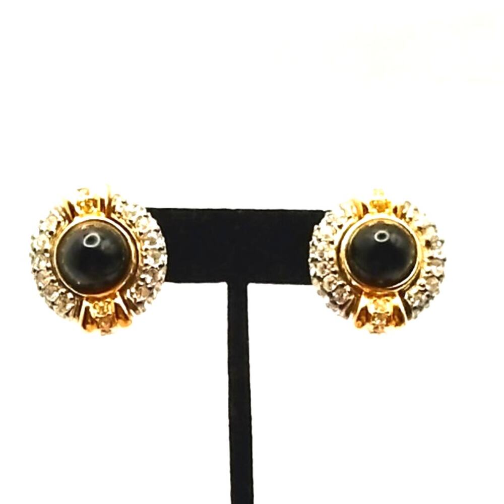 Jesara Vintage Gold Black Glass Cabochon Statement Clip On Earrings - Picture 3 of 10